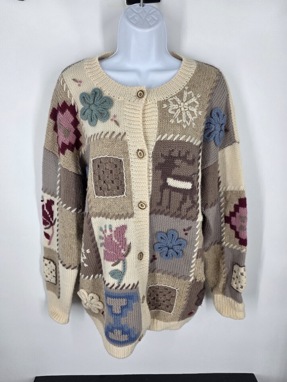 Susan Bristol Vintage 1993 Patchwork Hand Embroidered Cardigan Sweater Medium